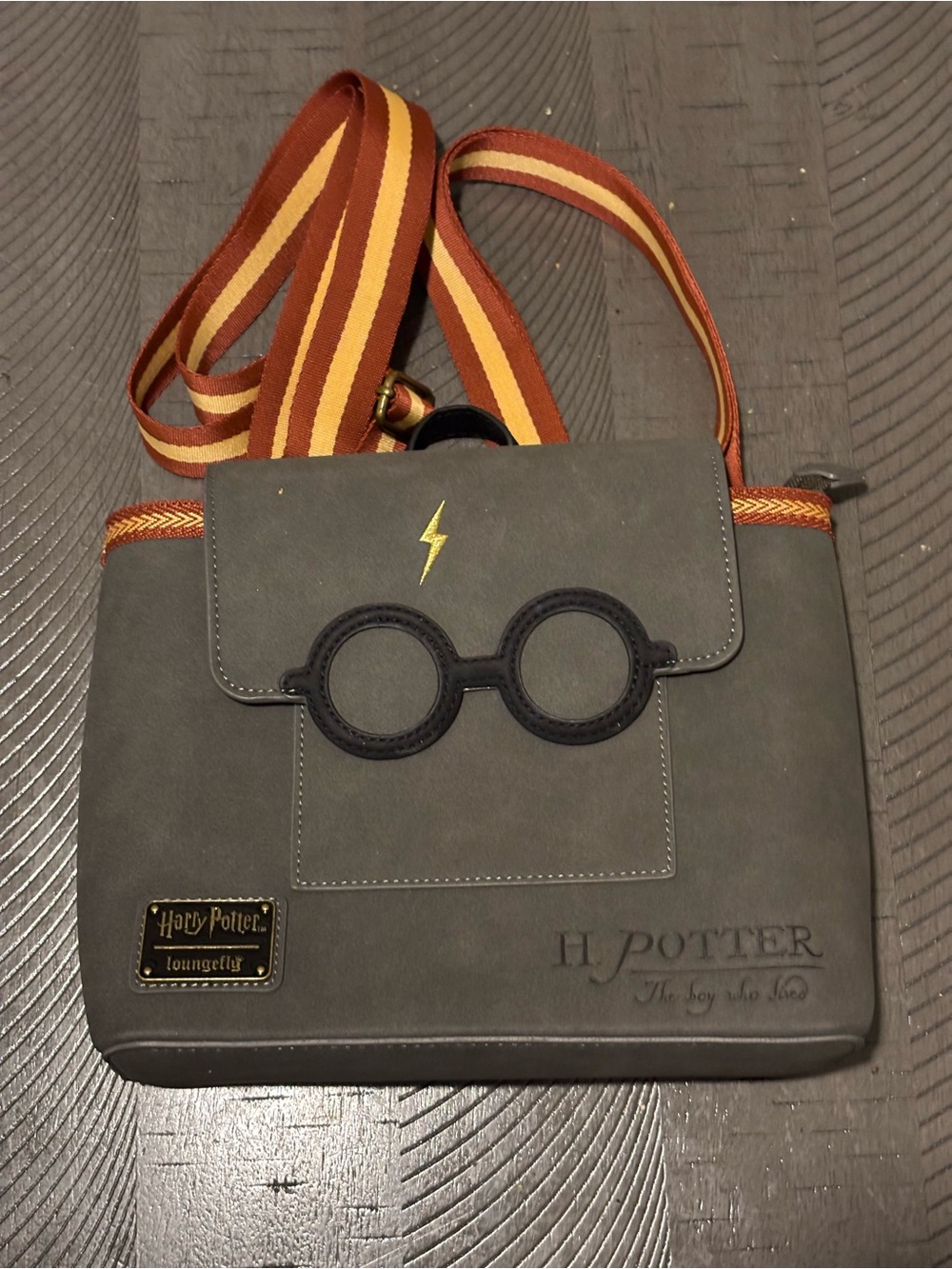 Loungefly Gray Harry Potter Crossbody with Burgundy and Yellow Strap